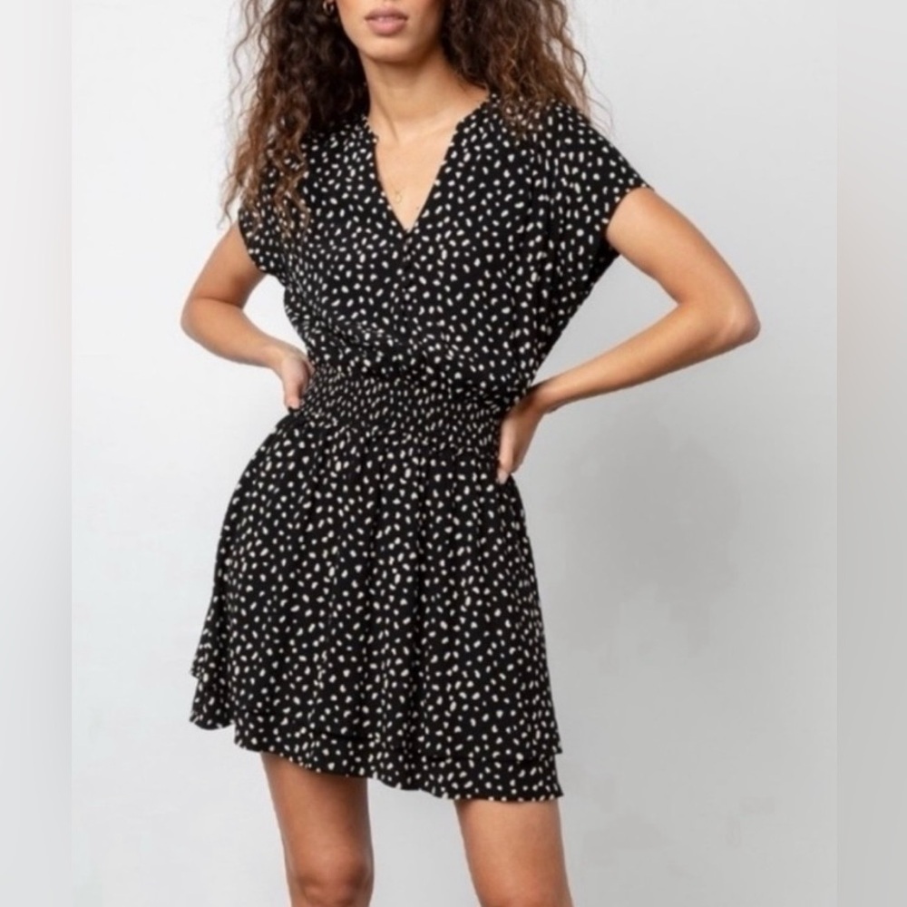 Rails Karla Printed Smocked Waist Spring Mini Dress,Large,Black w/Ivory Spots